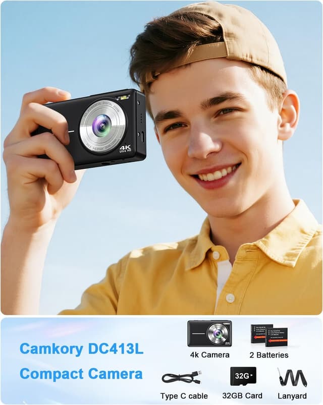 Detalle 2 de Camkory 4K 64MP Digital Camera (Compact Point-and-Shoot with Dual Camera, Auto Focus, 16X Zoom) — Black