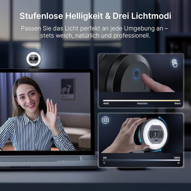 Detalle de NexiGo N930E Pro 4K-Webcam mit Ringlicht, PDAF-Autofokus und Dual-Mikrofon
