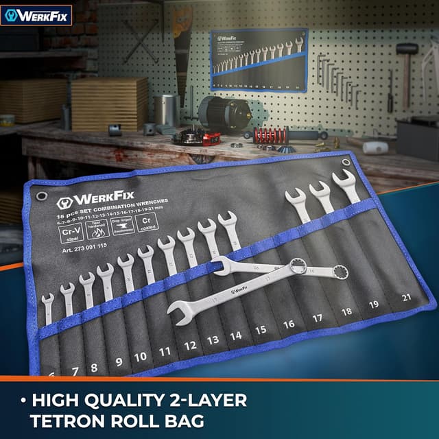 Detalle de S&R Werkfix Professional Metric Combination Spanner Set (15 pcs) 6–21 mm with Thin Ring Profile & Roll-Up Bag