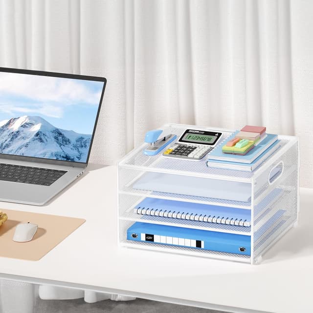 Detalle de Marbrasse Schreibtisch Organizer mit 4-stufigem Metall-Netz (blau) – Briefablage für Büro, Zuhause & Schule