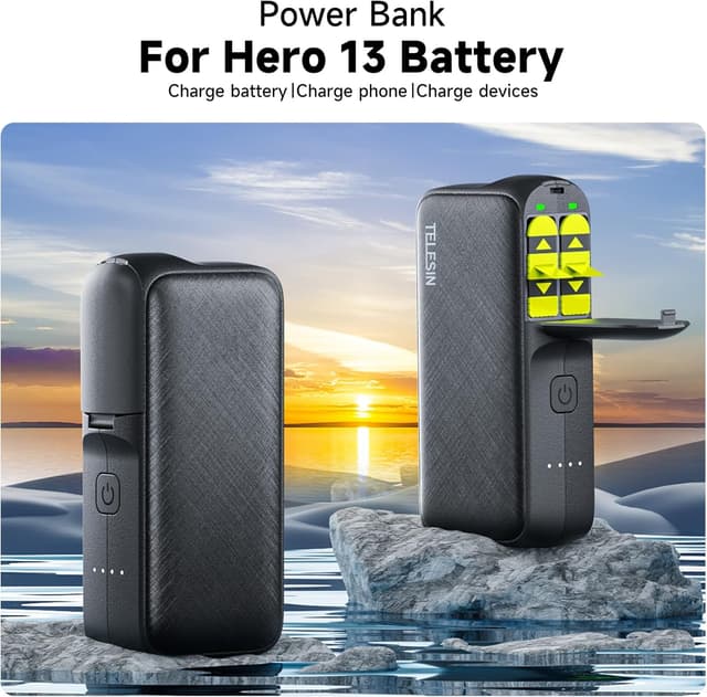 Detalle de TELESIN Powerbank-Ladegerät (10.000 mAh) für GoPro Hero 13 – Dual-Slot Schnellladen