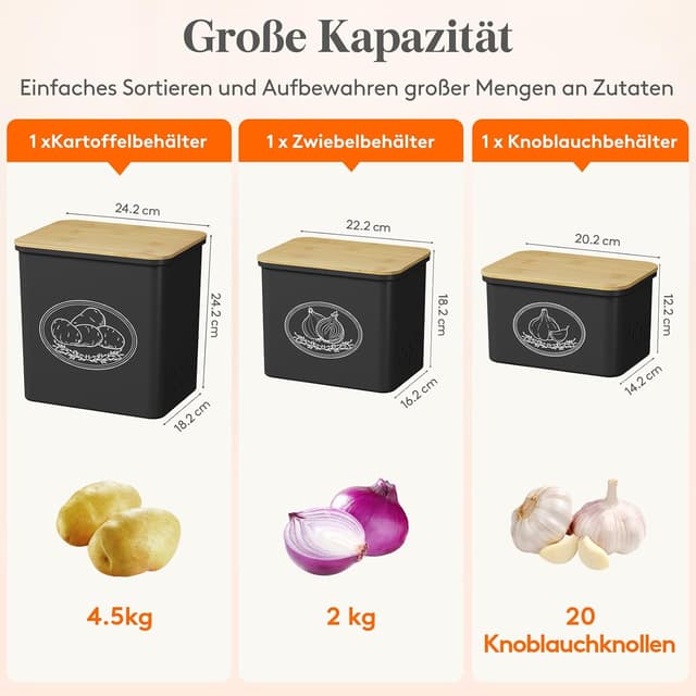 Detalle de Lifewit Kartoffel Aufbewahrungsbox 3er Set (Kartoffeln, Zwiebeln, Knoblauch) mit Belüftung, stapelbar – 24 cm hoch, schwarz