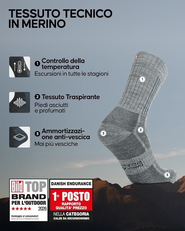 Thumbnail 1 de Danish Endurance 2 paia di calzini da trekking in lana merino premium anti-vesciche (uomo e donna)