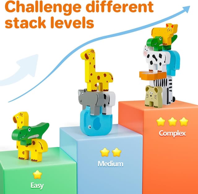 Detalle de Wooden Montessori Animal Stacking Blocks for 1–4 Year Olds (toddler wooden stacking toy set)