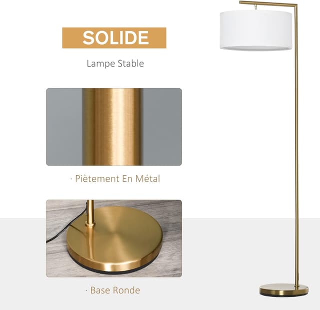 Detalle de HOMCOM lampadaire à pied avec abat-jour en lin or et blanc, 47 x 37 x 153 cm