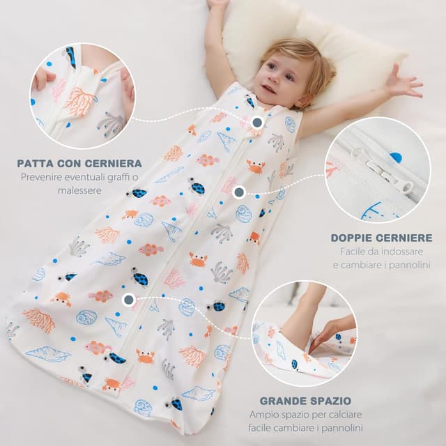 Detalle de Mosebears Sacco nanna estivo per bambini 0,5 Tog in cotone traspirante (2 confezioni, M 6-12 mesi) con fantasia animali