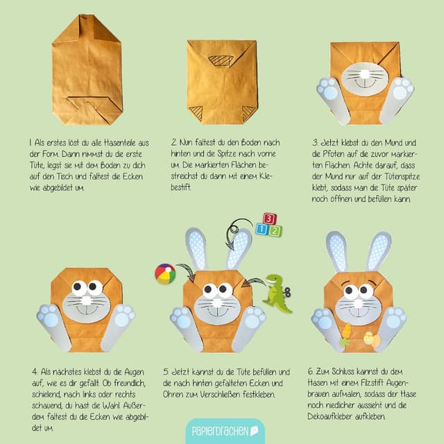 Detalle de Papierdrachen DIY Osterhasen-Tüten (12 Stück) zum selbst Befüllen – bunte Geschenktüten für Ostern