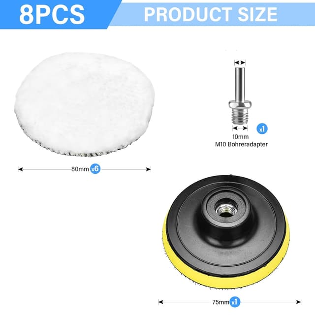 Detalle 2 de JOYSAL kit lucidatura auto 8 pezzi per trapano: tamponi in lana da 80 mm con adattatore M10