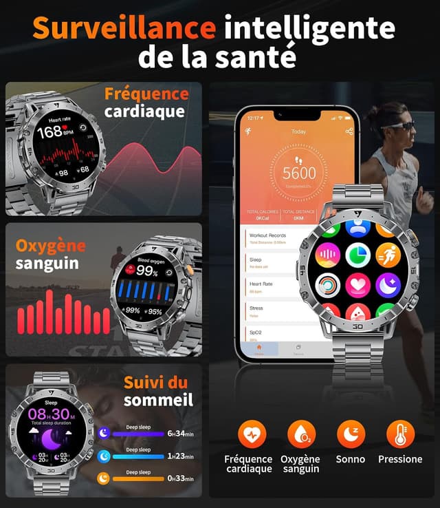 Detalle de LIGE Montre Connectée Homme Militaire 1,7’’ HD : appels Bluetooth, lampe LED et suivi sport & santé