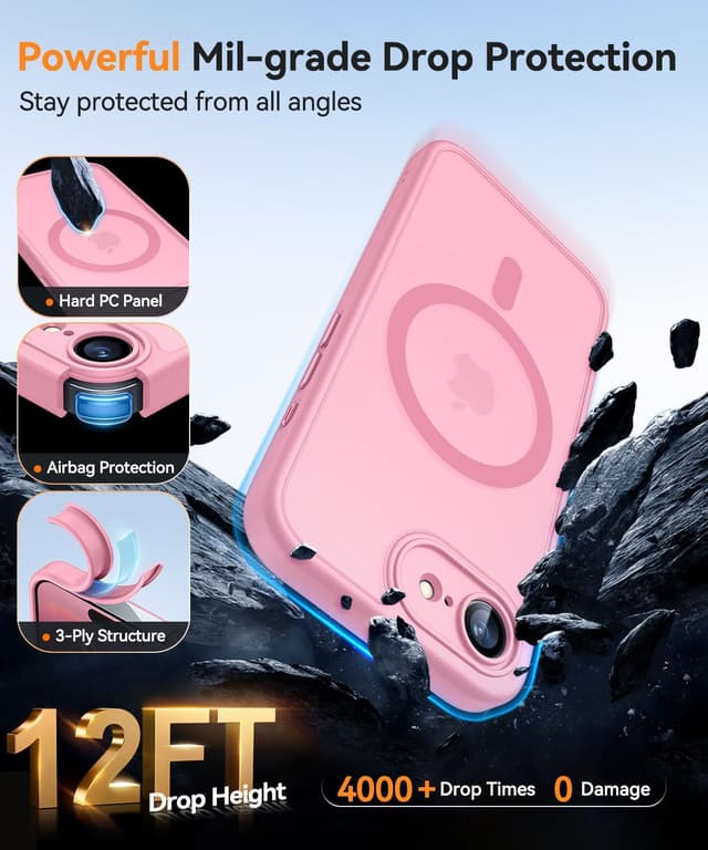 Detalle 2 de CANSHN Magnetic case for iPhone 16e / iPhone 17e (6.1 inch) with full camera protection – Pink