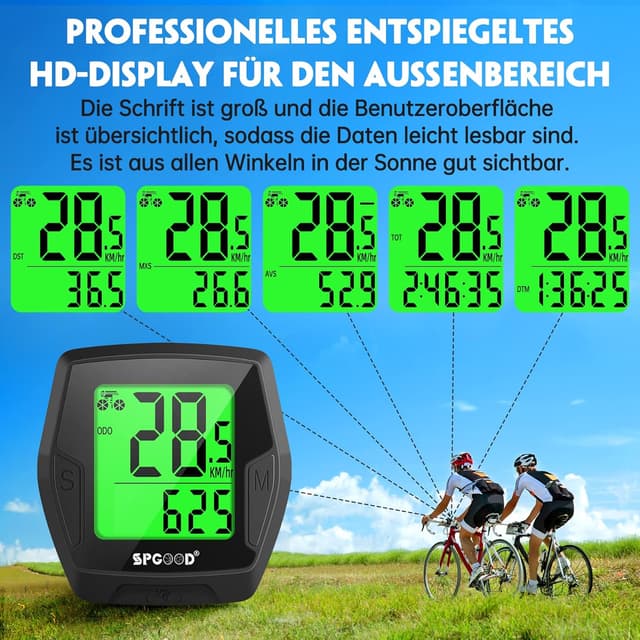 Detalle 2 de SPGOOD kabelloser Fahrradcomputer mit 21 Funktionen, IP54 und beleuchtetem Display