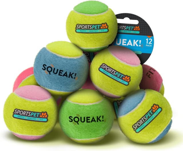 Detalle de SPORTSPET Squeak Tennis Balls for Dogs (12-pack, 64mm) – extra bouncy, floats, non-toxic