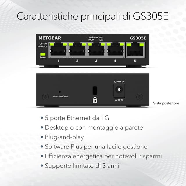 Detalle 2 de NETGEAR Switch Ethernet Plus 5 porte GS305E Smart Managed Plus con VLAN e QoS