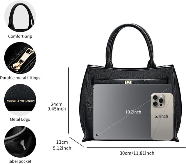 Detalle de VICTORIA HYDE Borsa a mano grande da donna in pelle PU nera (con tracolla regolabile)