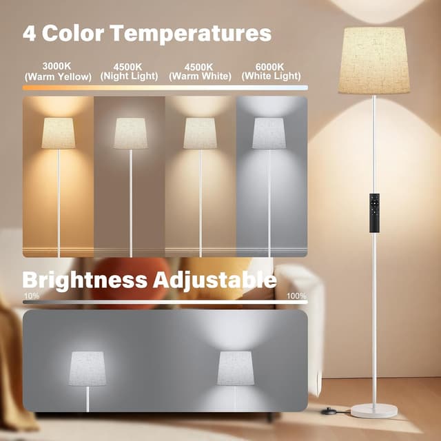 Detalle de SIBRILLE Lampada da Terra per Salotto 9W con Telecomando e 3000K-6000K, paralume in lino e base bianca