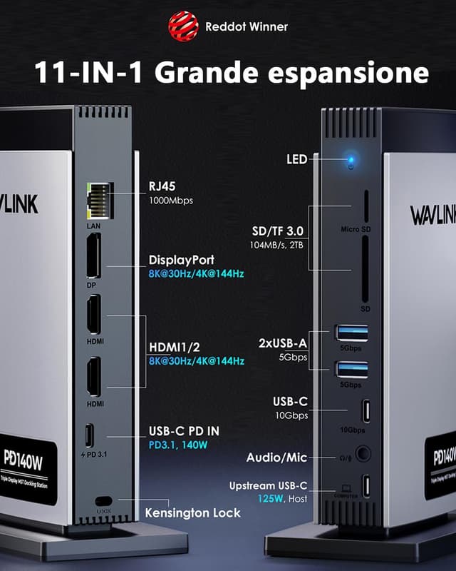 Detalle 2 de WAVLINK Docking Station USB-C 11-in-1 Triplo display con 2x HDMI + DP e PD 125W (Triplo display Single 8K@30Hz/4K@144Hz)