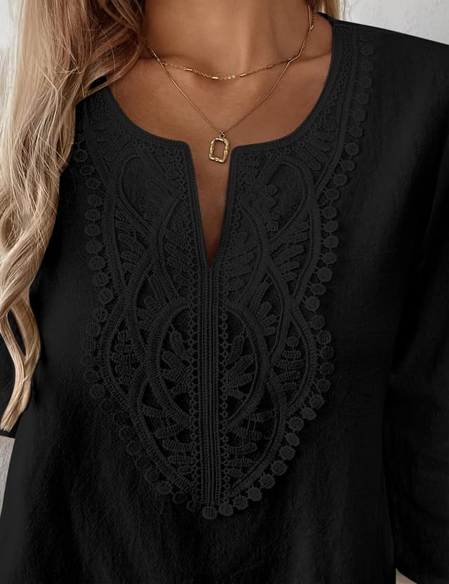 Detalle de Rapbin Damen-Bluse 3/4 Arm mit V-Ausschnitt aus Baumwoll-Leinen-Mix und Spitze