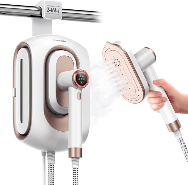 Detalle de Newbealer Dampfbügelstation mit 1600 W, 3 Dampfstufen, 1,2-l-Wassertank und Wandmontage (Gold)