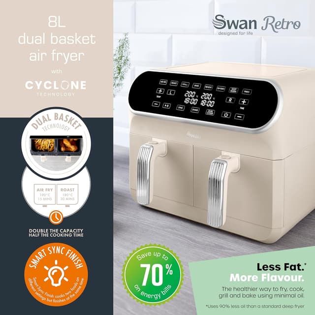 Detalle de Swan SD10519C Retro Dual Basket Air Fryer (8L, 1700W) with Swan Cyclone Technology