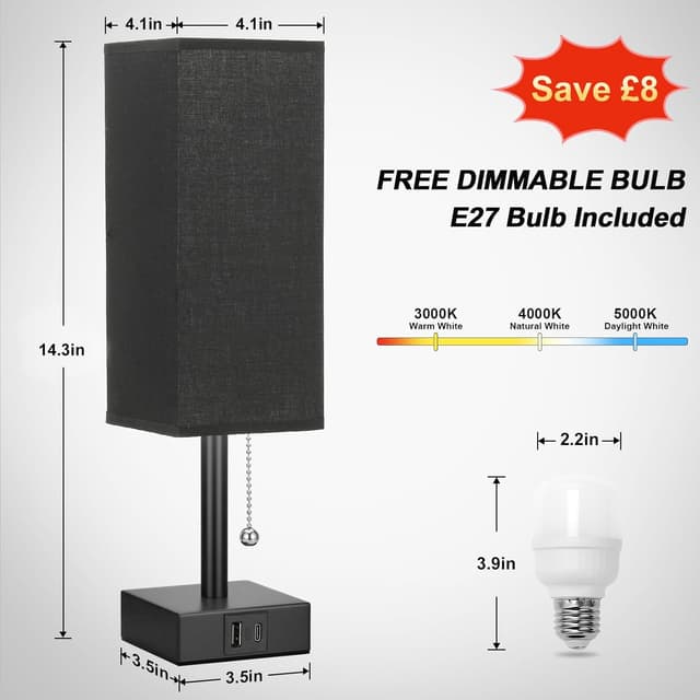 Detalle de Aooshine bedside & table lamp with USB C + USB charging ports, 3 colour modes and pull chain (black fabric shade)