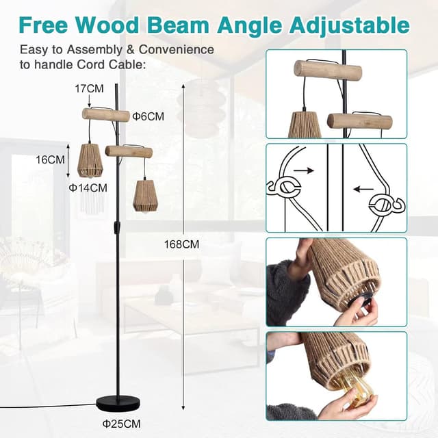 Thumbnail 6 de Osasy Lámpara de pie Boho con ratán 2 pantallas