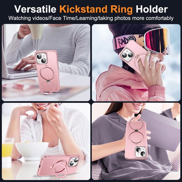 Detalle de SKYLMW Magnetic O-Ring Kickstand Case for iPhone 13 & iPhone 14 (6.1-inch) with Mag-Safe, Rose Gold