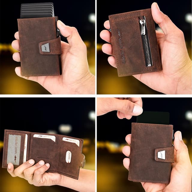 Detalle 2 de Marc Peter Herren-Geldbörse aus Leder mit RFID-Schutz, Münzfach und Slim-Pop-up Kartenetui (Vintage Braun)