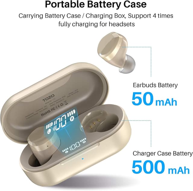 Detalle de TOZO T12 Wireless Earbuds (Bluetooth 5.3) with touch control and wireless charging case