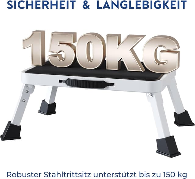 Detalle 2 de BONTEC Klapptritt: rutschfester Tritthocker bis 150 kg, weiß, zusammenklappbar