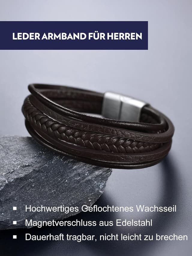 Detalle de Bandmax Herren Lederarmband im Wickel-Look mit Magnetverschluss, braun