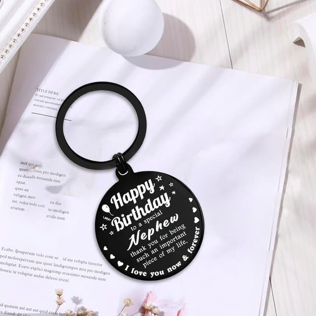 Detalle de ENGZHI Happy Birthday Nephew Stainless Steel Keyring – Metal Keychain Gift from Uncle or Auntie