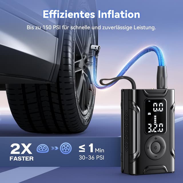 Detalle 2 de Kabellose elektrische Luftpumpe (Akku-Kompressor) für Fahrrad, Auto und Motorrad – 150 PSI, digital mit Sensor