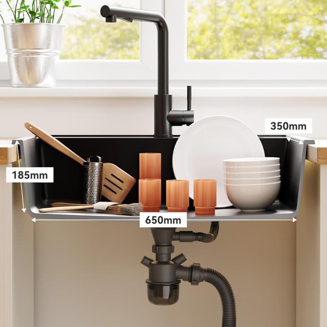 Detalle de ANYCEE Lavello Cucina Nero 70x46 cm in granito (80% sabbia di quarzo) con 1 vasca e sistema di scarico