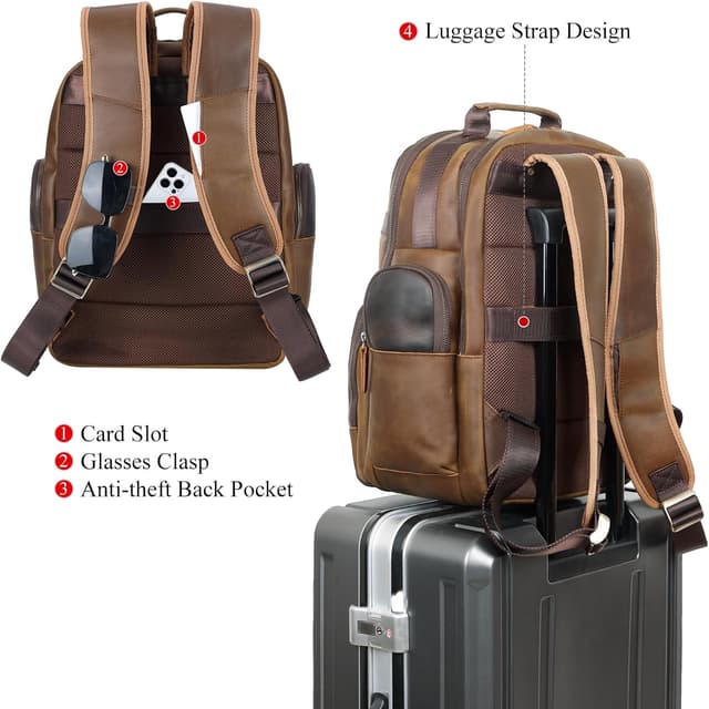 Detalle de TIDING Vintage Leather Backpack for Men – 15.6-inch Laptop Leather Travel/Daypack