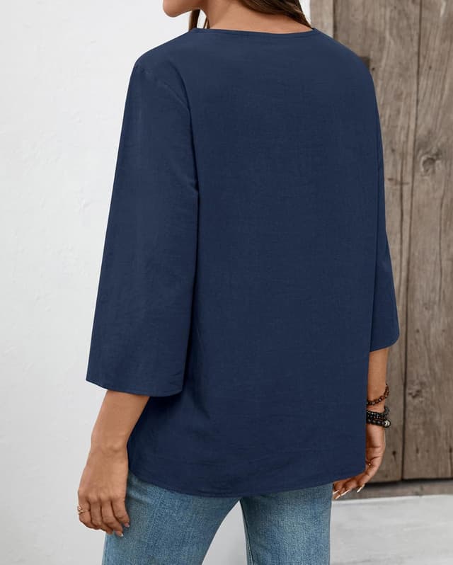 Detalle 2 de Rapbin Damen-Bluse mit 3/4-Ärmeln, V-Ausschnitt und Baumwoll-Leinen-Mix mit Crinkle-Optik