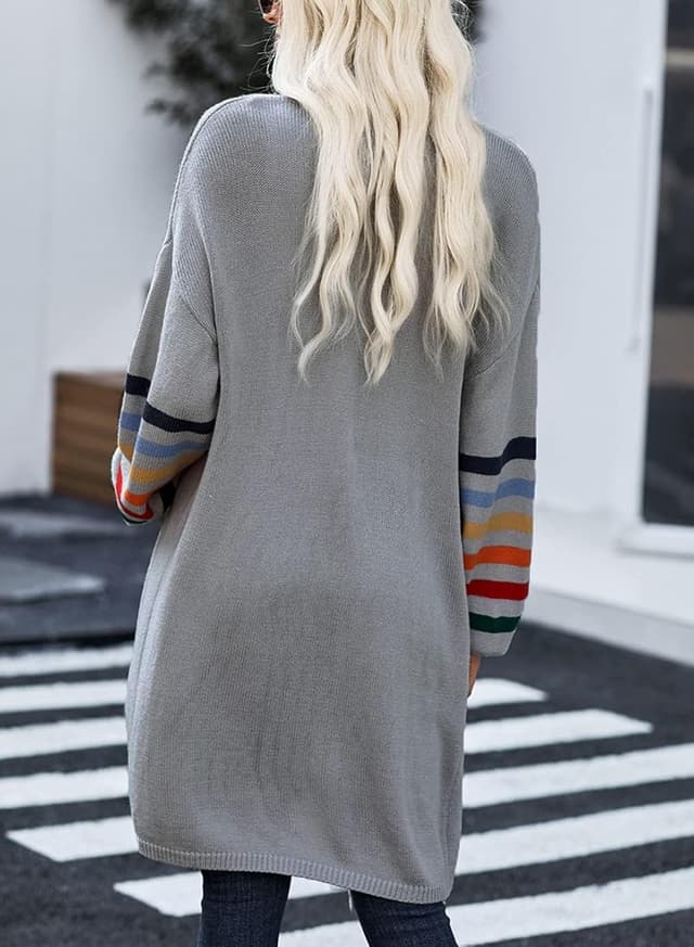 Detalle de AlvaQ Women’s Longline Open-Front Rainbow Striped Cardigan (S–XXL) – Lightweight Knit Coat Jacket