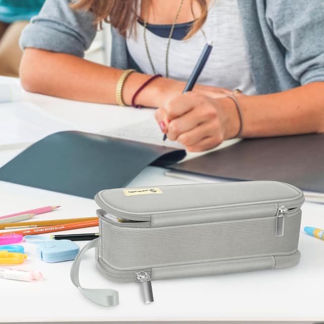Thumbnail 6 de FINPAC Trousse à crayons grande capacité gris, 3 compartiments (23,9 x 10,9 x 8,9 cm)