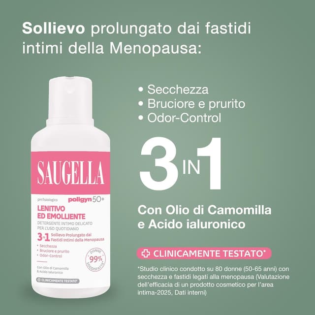 Detalle 2 de Saugella Poligyn detergente intimo emolliente antiprurito con camomilla e acido lattico, pH neutro, adatto in menopausa (750 ml)