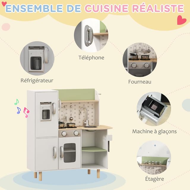 Detalle de Cuisine enfant en bois AIYAPLAY (3 à 8 ans) avec machine à glaçons, évier inox et accessoires