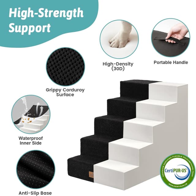 Detalle de COZY KISS wide dog stairs with 5 tiers (75x50x60cm) in black – non-slip pet steps for bed, sofa and car