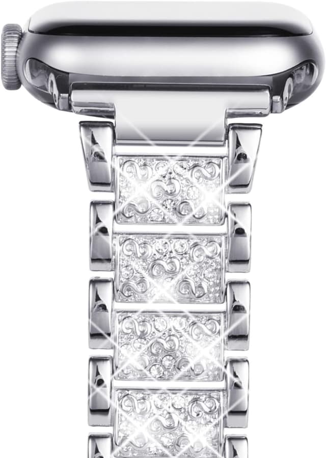 Detalle de NewWays Sparkling Stainless Steel Link Bracelet Replacement Band for Apple Watch (38mm–42mm, Series 1–11/SE), Silver