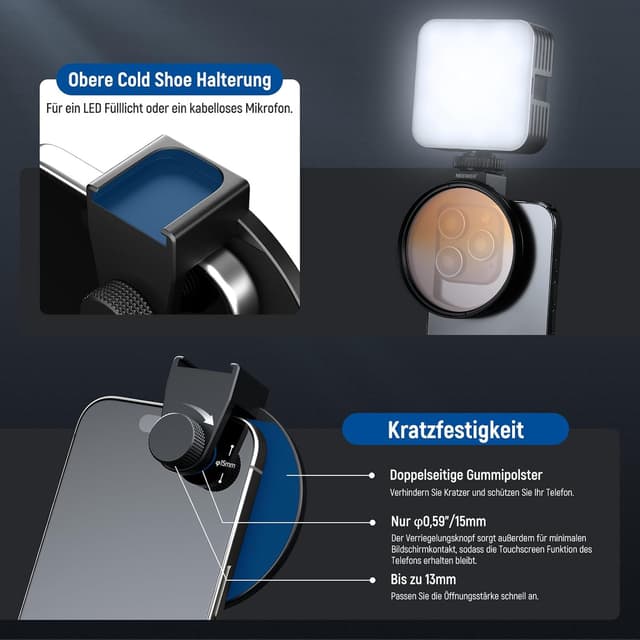 Thumbnail 6 de NEEWER 67 mm ND-Filter-Kit für Smartphone-Kamera mit Cold-Shoe-Clip (CPL/ND32/6-Punkt-Stern + Farbfilter)
