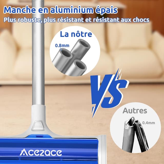 Detalle de ACE2ACE Brosse Tapis anti-poils pour tapis et carpettes, manche réglable jusqu’à 1,5 m (bleu)