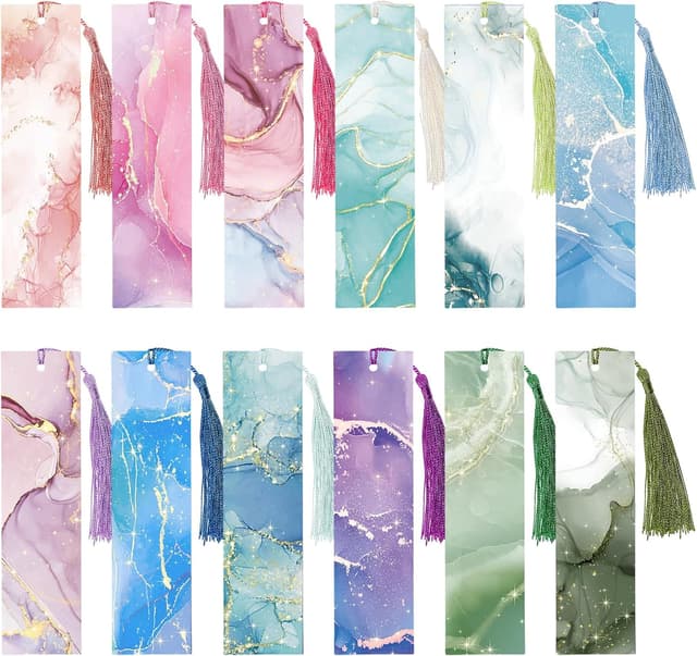 Detalle de 24er Lesezeichen-Set mit Marmorierung & Quasten (beschriftbar), 15 x 4 cm – 12 Farben