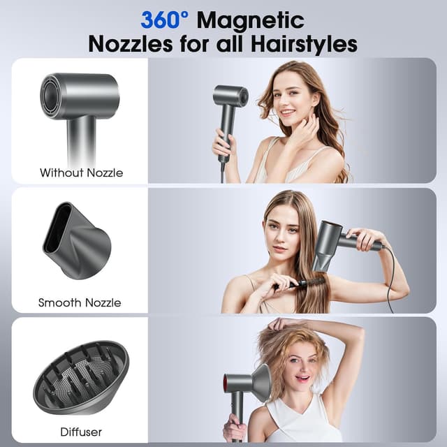 Detalle de Professional Ionic Hair Dryer with Diffuser, High-Speed 150,000 RPM Motor and 4 Heat Settings