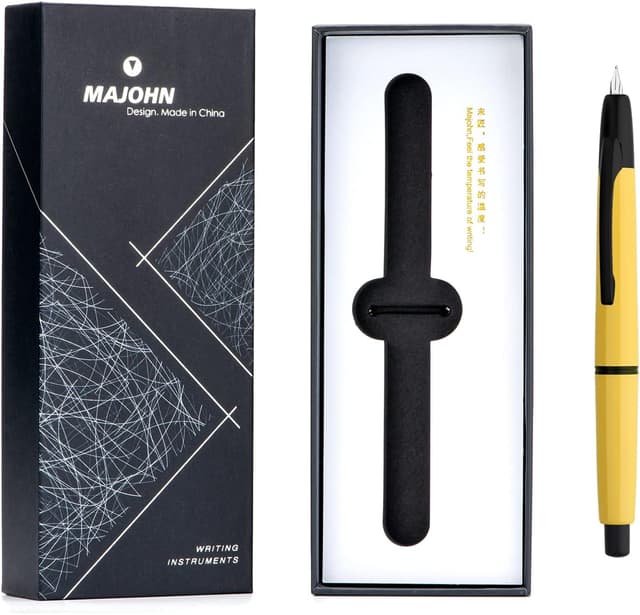 Detalle de Erofa Majohn A2 Press Fountain Pen Extra Fine (0.4mm) with Converter, Yellow Resin Barrel – Black Clip Version