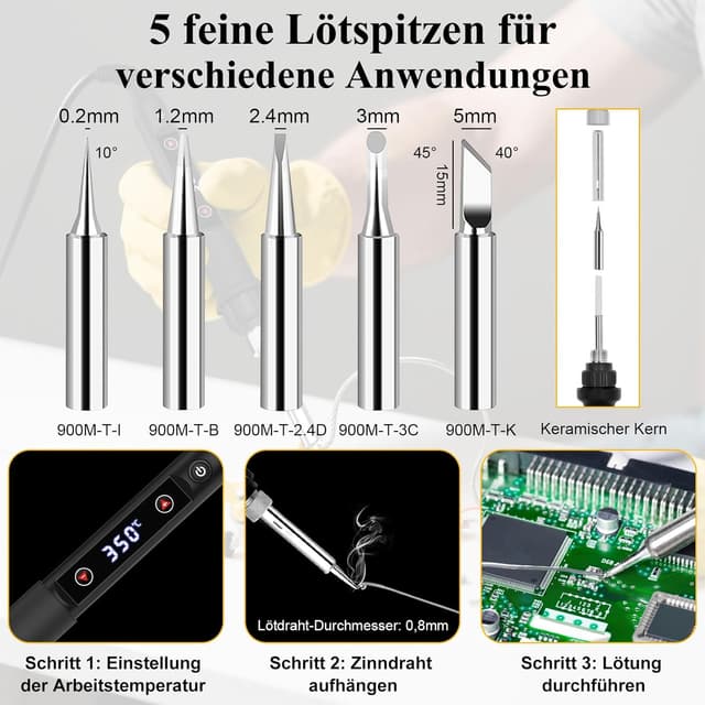 Detalle de Lötkolben-Set 80 W mit LED Temperaturregelung (180–520 °C) – inkl. Entlötpumpe, Spitzen & Zubehör