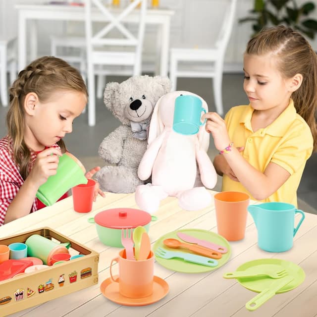 Detalle de RUIDYA Play Kitchen Accessories 37-piece pretend tea party set with carry basket