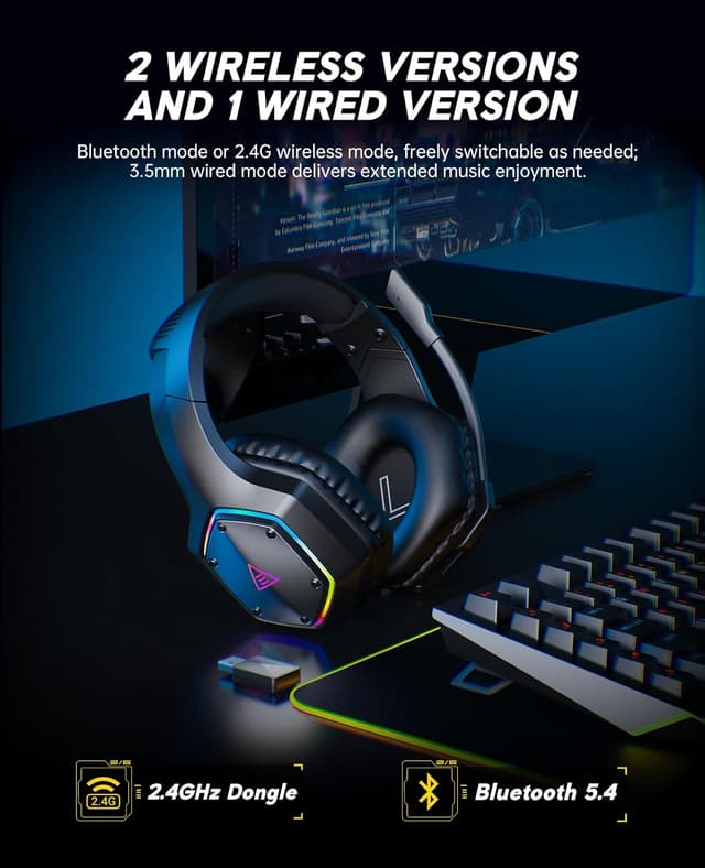Detalle de EKSA E1000BT : casque gaming sans fil 3-en-1 Bluetooth/2,4 GHz + audio 3,5 mm (PS5, PC, PS4)