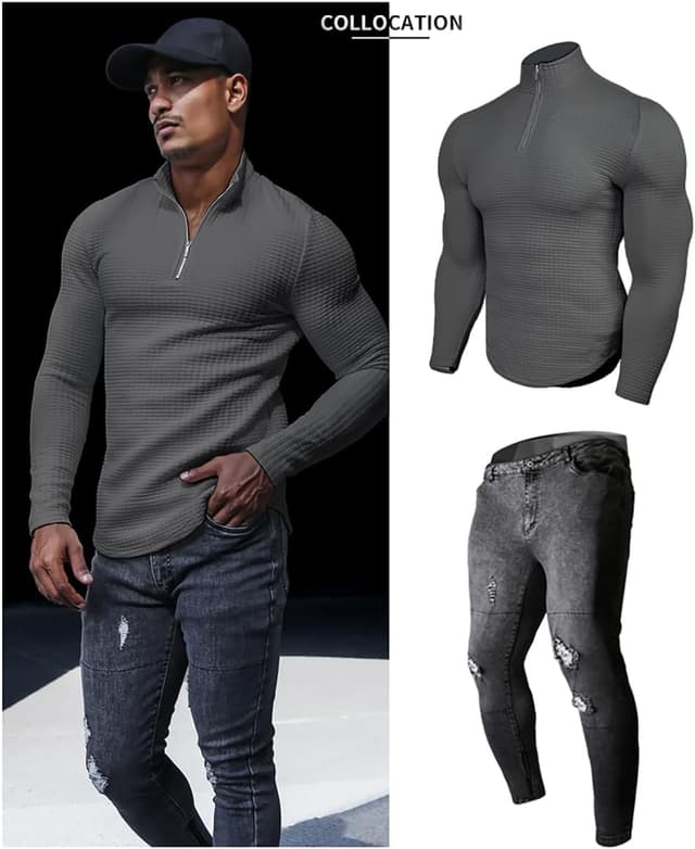 Detalle de KUYIGO men’s long sleeve zip polo shirt (slim fit) in textured ribbed stretch fabric